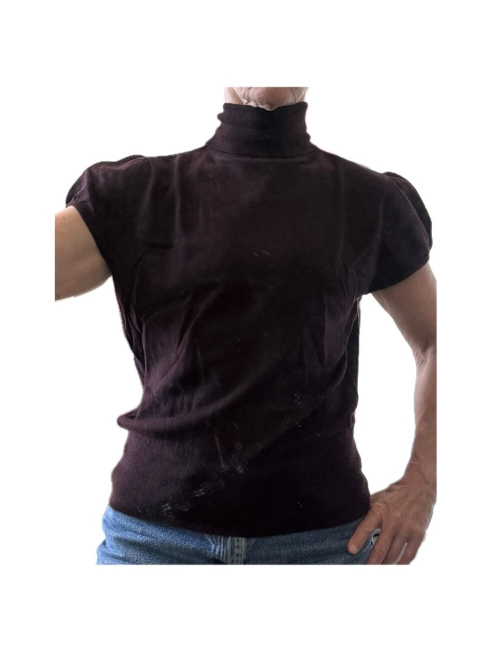 Chocolate Brown Cashmere Turtleneck cap sleeve Sz L David Meister